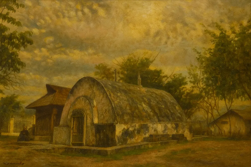 Ilustrasi sultan 1 - Pemandangan pedesaan menampilkan rumah beratap alang-alang bergaya tradisional — koleksi Museum Samparaja.
