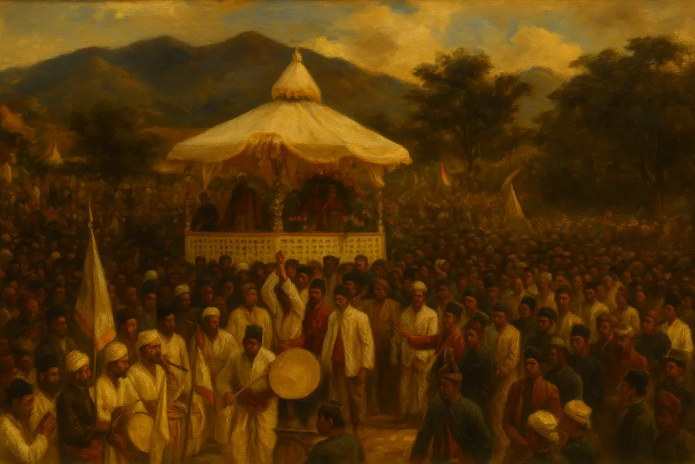 Samparaja: Lukisan kerumunan menyaksikan upacara kerajaan di panggung bertenda, dengan musisi dan pejabat berpakaian tradisional; koleksi Museum Samparaja.